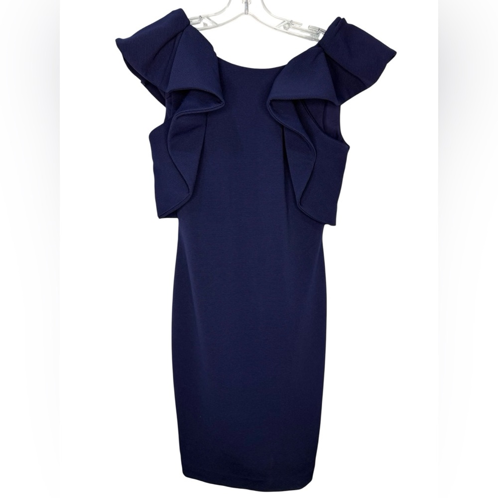 Badgley Mischka Navy Blue Ruffle Sleeve Sheath Dress Size 6